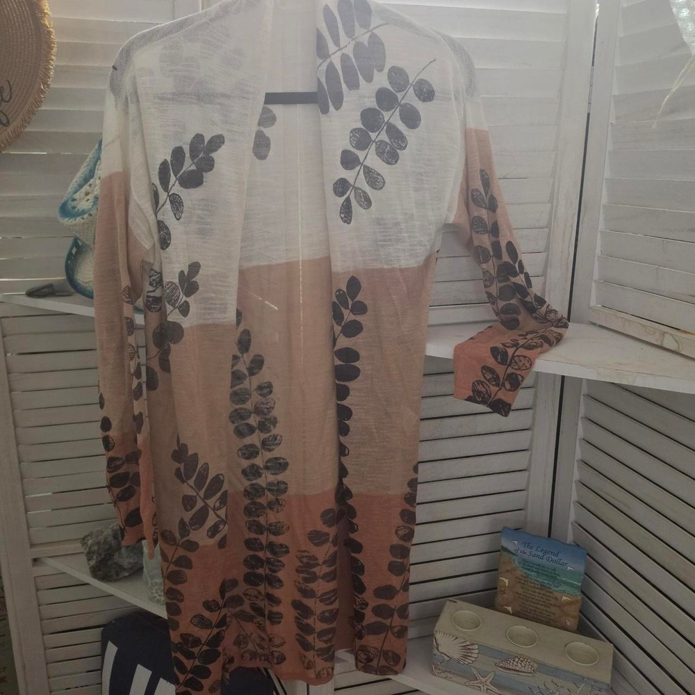 Unbranded Leaf Pattern Open Front Cardigan Size M Brown Beige Boho Sweater